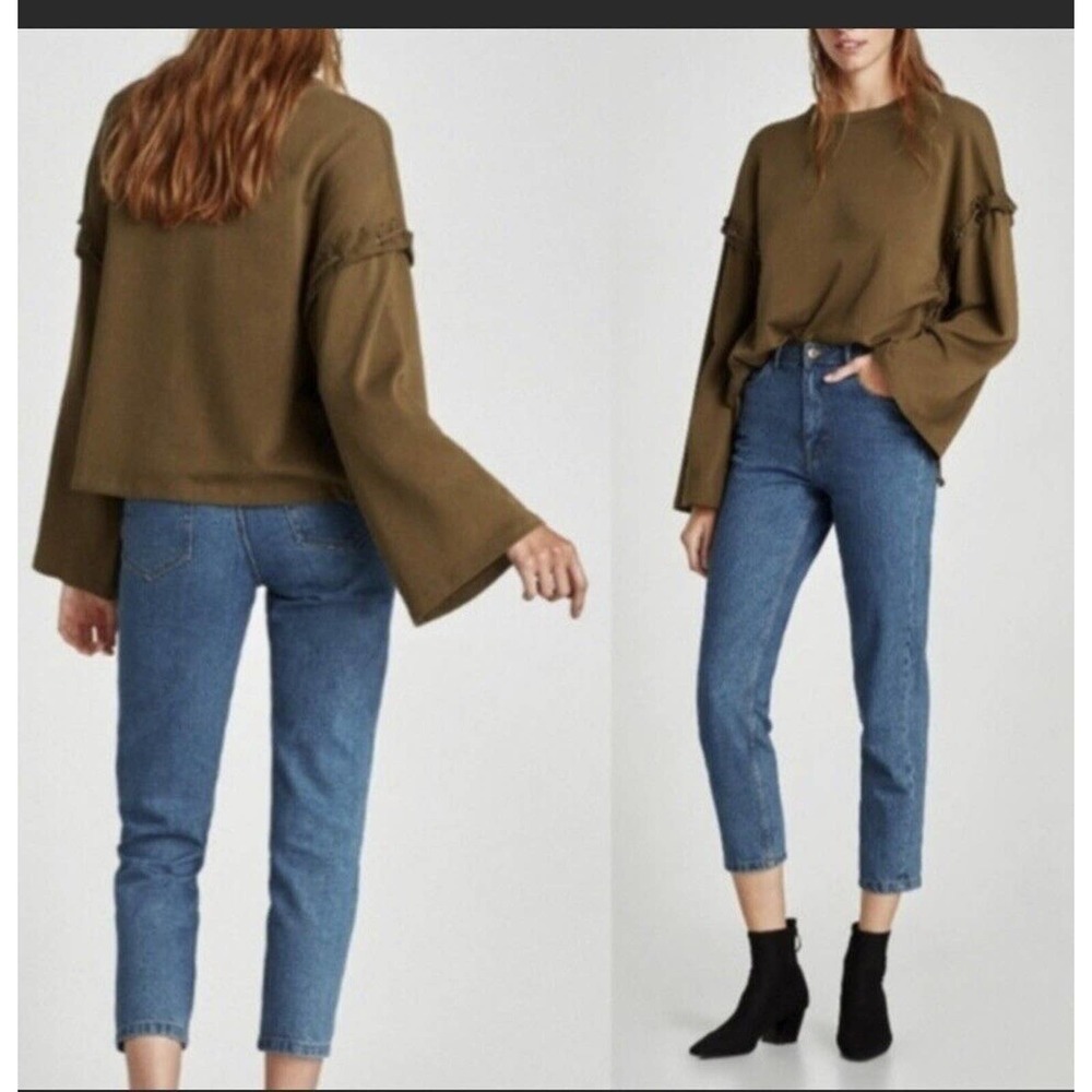 Zara Trafaluc Shirt Women Sz Small Brown Side Tie Bell Sleeves Cotton Boho Hip…